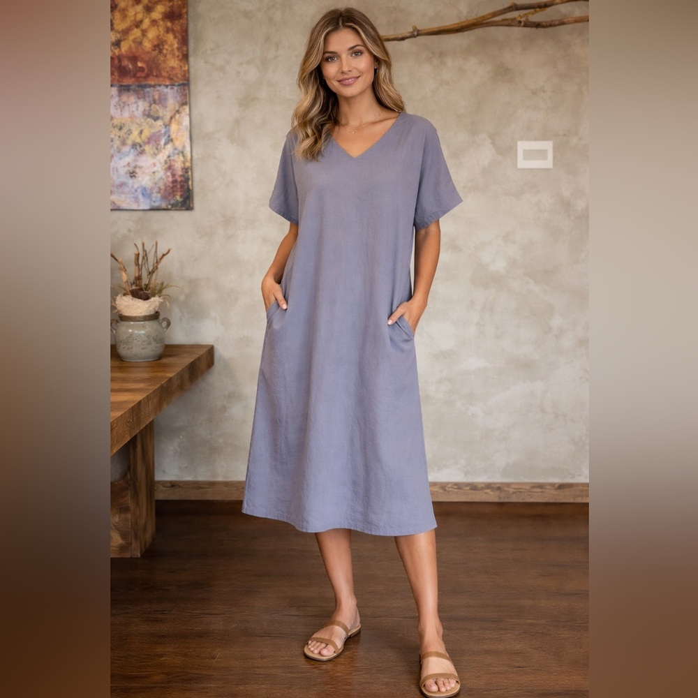 100% Cotton V-Neck Loose Fit Midi Dress – Gray – Size M – NWT